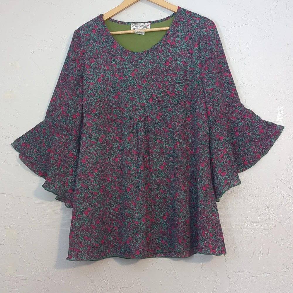 LadyNoiz Colorful Funky Artsy Retro MCM Floral Boho Hippie Bell Sleeve Tunic Top - Picture 1 of 7